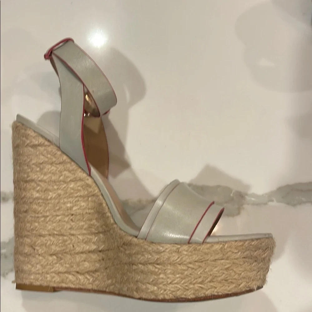 Pour La Victoire White and Pink Trim Espadrille Wedge Sandals